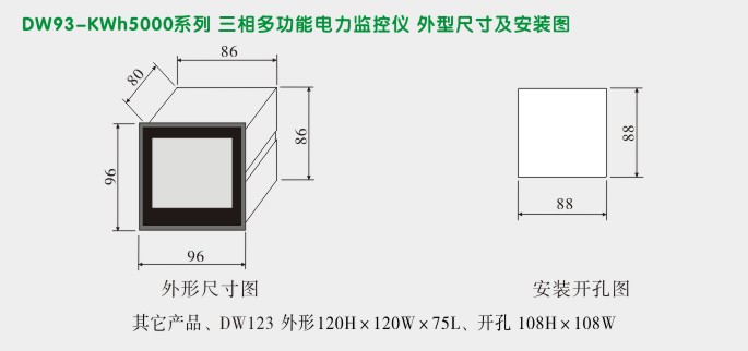 网络电力仪表,DW93-5000多功能电力仪表外形尺寸及安装图